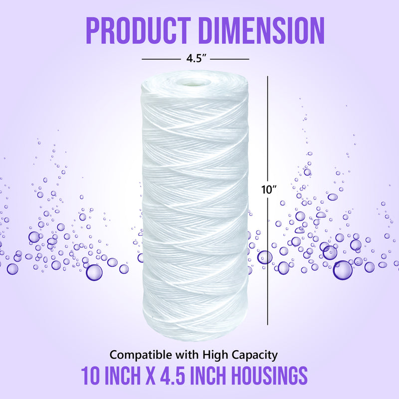 High Capacity Wound String 5 Micron Sediment Water Filter Cartridge 10” x 4.5” Removes Sand, Dirt, Silt, Rust, Extended Filter Life Compatible with 355215-45, 84637, PC10, WP1097P, WPX597P