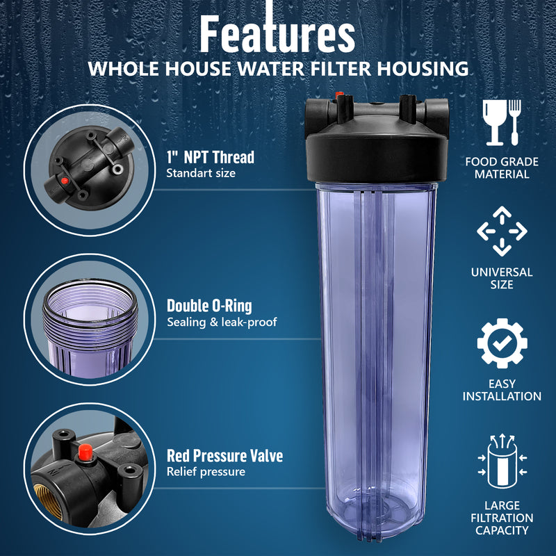 High Capacity 20 x 4.5” Transparent Whole House Filter Purifier System for Well or City Water, Presser Relief Button, 1” NPT Brass Port, Double O-Ring, Meets NSF Standards & Regulations