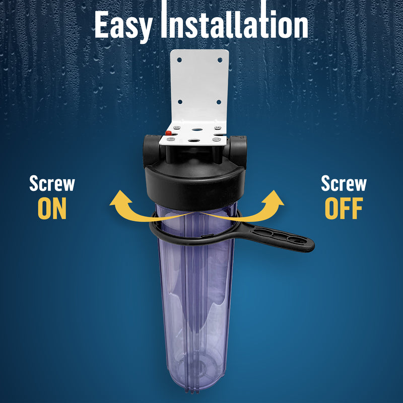 High Capacity 20 x 4.5” Transparent Whole House Filter Purifier System for Well or City Water, Presser Relief Button, 1” NPT Brass Port, Double O-Ring, Meets NSF Standards & Regulations