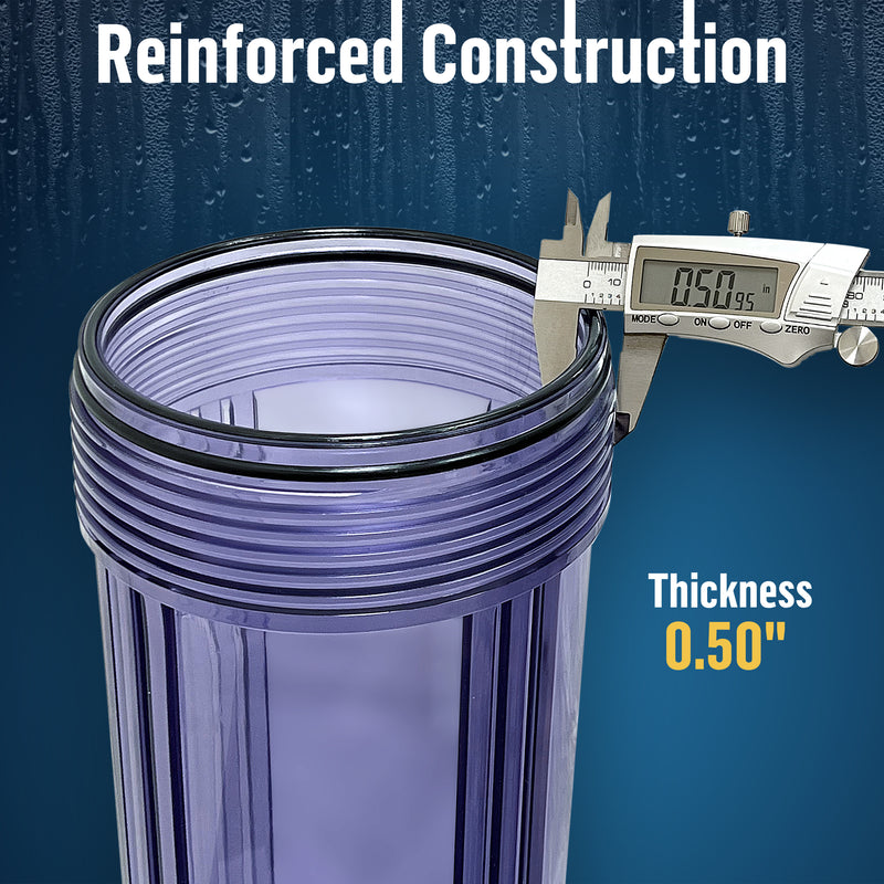 High Capacity 20 x 4.5” Transparent Whole House Filter Purifier System for Well or City Water, Presser Relief Button, 1” NPT Brass Port, Double O-Ring, Meets NSF Standards & Regulations