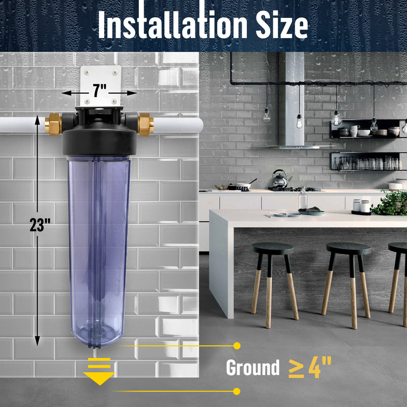 High Capacity 20 x 4.5” Transparent Whole House Filter Purifier System for Well or City Water, Presser Relief Button, 1” NPT Brass Port, Double O-Ring, Meets NSF Standards & Regulations