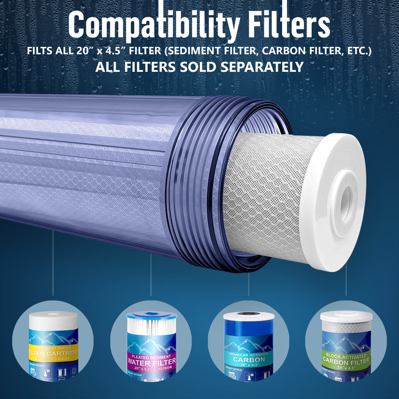 High Capacity 20 x 4.5” Transparent Whole House Filter Purifier System for Well or City Water, Presser Relief Button, 1” NPT Brass Port, Double O-Ring, Meets NSF Standards & Regulations