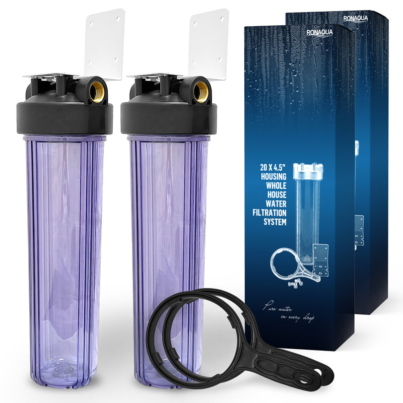 High Capacity 20 x 4.5” Transparent Whole House Filter Purifier System for Well or City Water, Presser Relief Button, 1” NPT Brass Port, Double O-Ring, Meets NSF Standards & Regulations