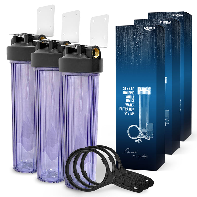 High Capacity 20 x 4.5” Transparent Whole House Filter Purifier System for Well or City Water, Presser Relief Button, 1” NPT Brass Port, Double O-Ring, Meets NSF Standards & Regulations