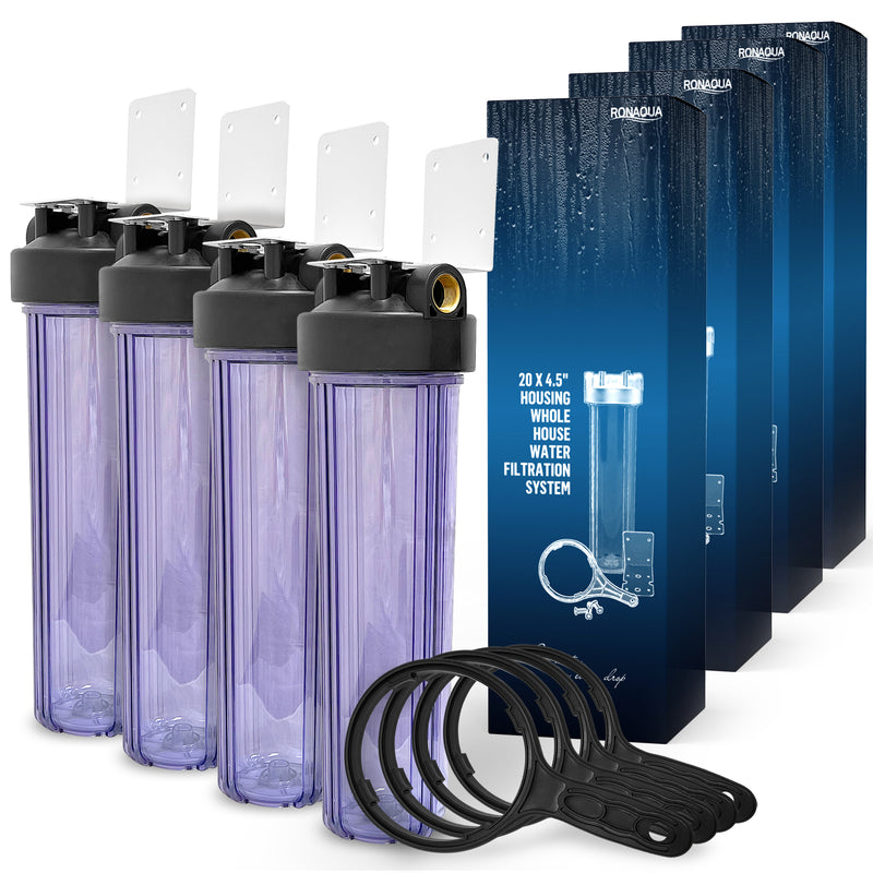High Capacity 20 x 4.5” Transparent Whole House Filter Purifier System for Well or City Water, Presser Relief Button, 1” NPT Brass Port, Double O-Ring, Meets NSF Standards & Regulations