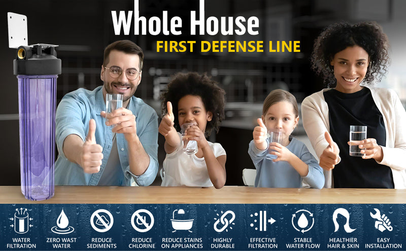 High Capacity 20 x 4.5” Transparent Whole House Filter Purifier System for Well or City Water, Presser Relief Button, 1” NPT Brass Port, Double O-Ring, Meets NSF Standards & Regulations