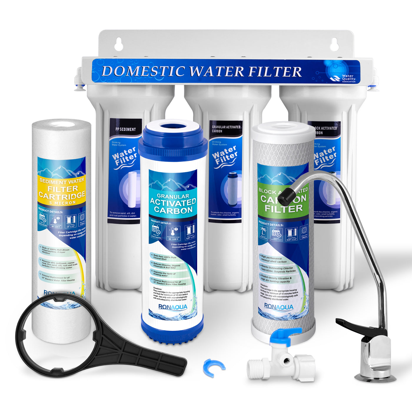 Blu Tech TRIO | FIXED MOUNTED 3-Stage 0.2 Micron Water Filtration System,  with Stainless Steel Garden Hose Fittings