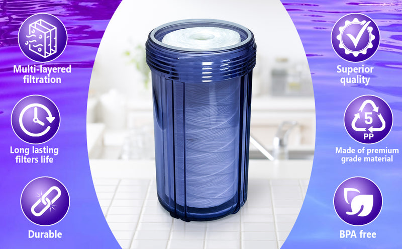 High Capacity Wound String 5 Micron Sediment Water Filter Cartridge 10” x 4.5” Removes Sand, Dirt, Silt, Rust, Extended Filter Life Compatible with 355215-45, 84637, PC10, WP1097P, WPX597P