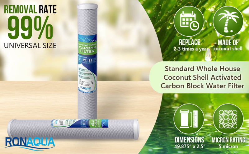 Standard Whole House Coconut Shell Carbon Block 5 Micron Water Filter 20” x 2.5” Fits 20” x 2.5” Housings. Remove Chlorine and Bad Odor. Compatible with C1-20, HX-CB-25-2010, F3WCB32