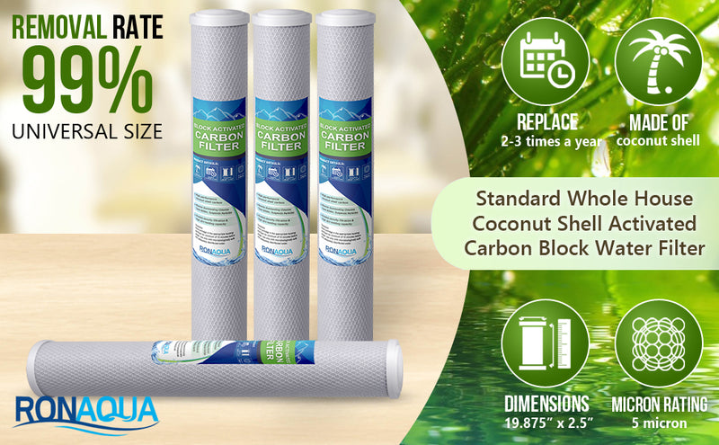 Standard Whole House Coconut Shell Carbon Block 5 Micron Water Filter 20” x 2.5” Fits 20” x 2.5” Housings. Remove Chlorine and Bad Odor. Compatible with C1-20, HX-CB-25-2010, F3WCB32