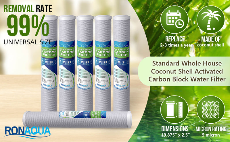 Standard Whole House Coconut Shell Carbon Block 5 Micron Water Filter 20” x 2.5” Fits 20” x 2.5” Housings. Remove Chlorine and Bad Odor. Compatible with C1-20, HX-CB-25-2010, F3WCB32