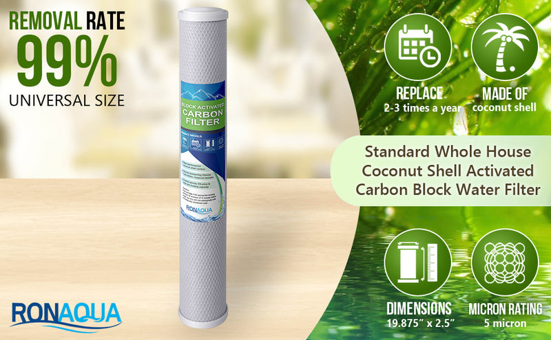 Standard Whole House Coconut Shell Carbon Block 5 Micron Water Filter 20” x 2.5” Fits 20” x 2.5” Housings. Remove Chlorine and Bad Odor. Compatible with C1-20, HX-CB-25-2010, F3WCB32