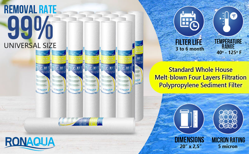 Standard Whole House Melt-blown Four Layers Filtration Polypropylene 5 Micron Sediment Filter 20” x 2.5” Fits 20” x 2.5” Housings. Compatible with FPMB5-20, FPMB520, SDC-25-2005/4, VX05-20