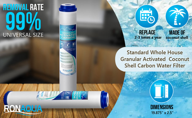 Standard Whole House Coconut Shell Granular Activated Carbon Water Filter 20” x 2.5” Fits 20” x 2.5” Housings. Remove Chlorine and Bad Odor. Compatible with EP-20, HX-CB-25-2010, F3WCB32