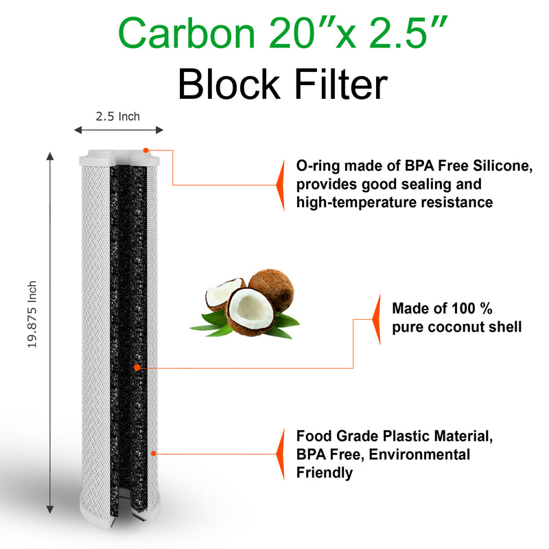 Standard Whole House Coconut Shell Carbon Block 5 Micron Water Filter 20” x 2.5” Fits 20” x 2.5” Housings. Remove Chlorine and Bad Odor. Compatible with C1-20, HX-CB-25-2010, F3WCB32