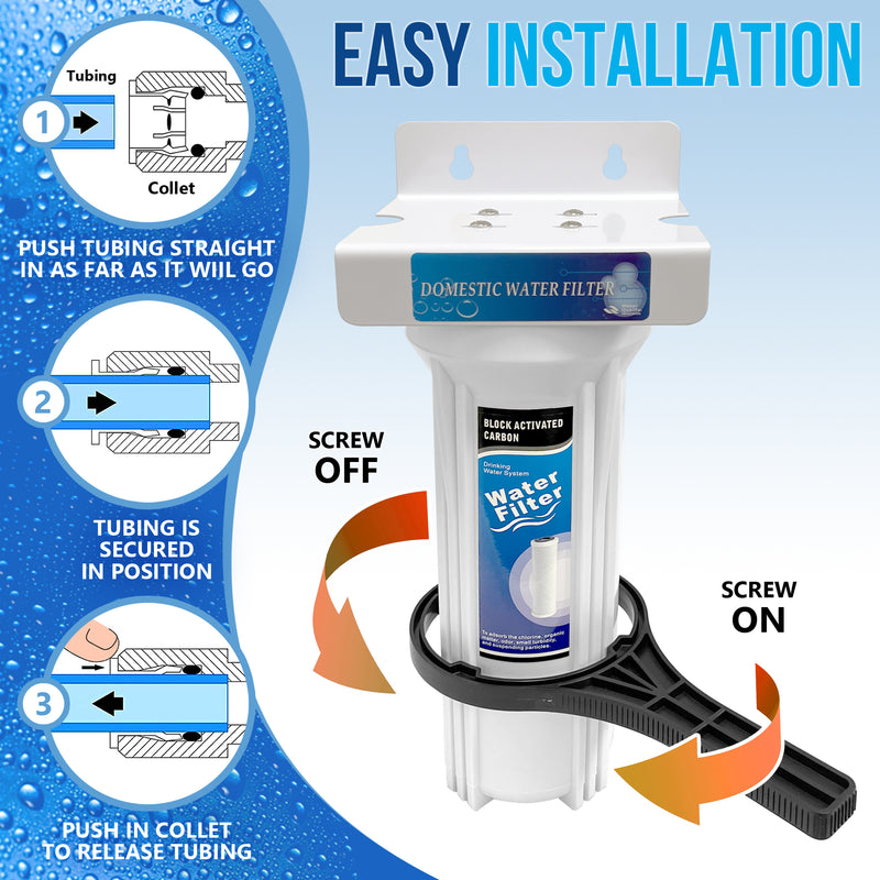 1 Stage Under Sink Drinking Water Filtration System with 100% Lead-Free Chrome Faucet Removes Chlorine, and Yearly Supply (2 Extra) CTO Cartridges 5 Micron, Meets NSF Standards & Regulations