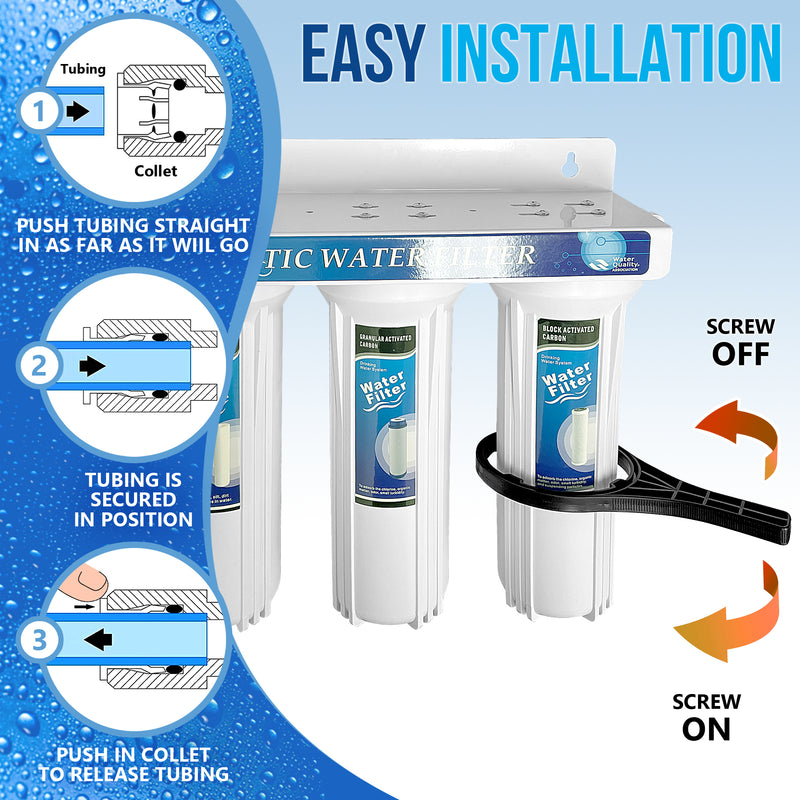 3 Stage Under Sink Drinking Water Filtration System Removes Chlorine, and Yearly Supply (2 Extra) CTO, (2 Extra) GAC & (3 Extra) PP Sediment Cartridges 5 Micron, Meets NSF Standards & Regulations