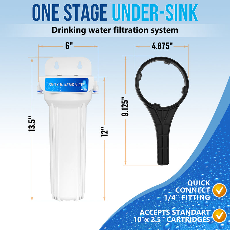 1 Stage Under Sink Drinking Water Filtration System with 100% Lead-Free Chrome Faucet Removes Chlorine, and Yearly Supply (2 Extra) CTO Cartridges 5 Micron, Meets NSF Standards & Regulations