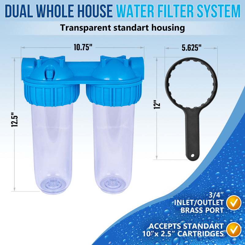 Dual Whole House Water Filter System, Transparent Standard Housings, Presser Relief Valve, 3/4” Inlet/Outlet Brass Port, Yearly supply of Sediment & Carbon Cartridges Meets NSF Standards & Regulations