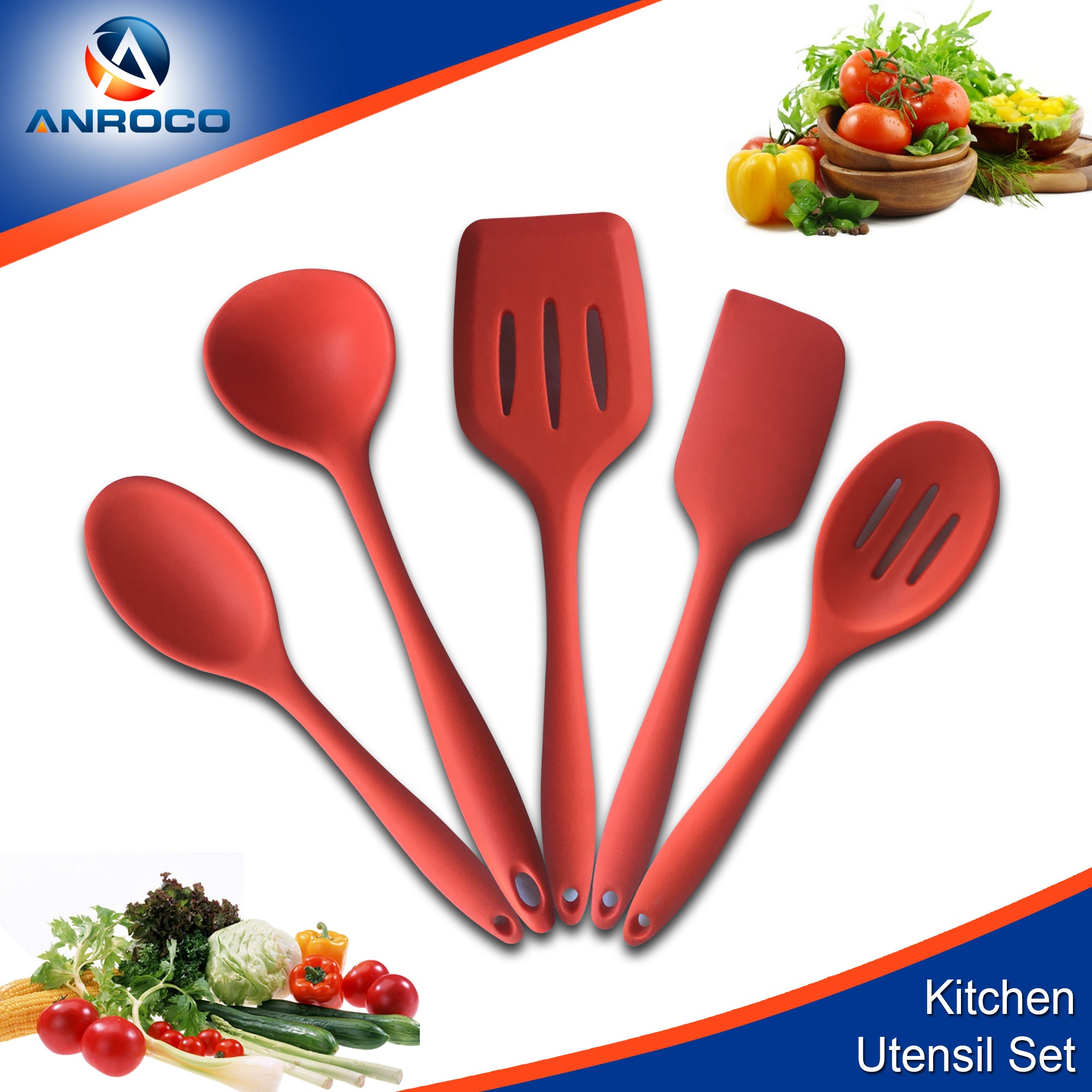 Cook with Color Silicone Cooking Utensils, 5 PC Kitchen Utensil Set, Easy to Clean Silicone Kitchen Utensils, Cooking Utensils for Nonstick Cookware