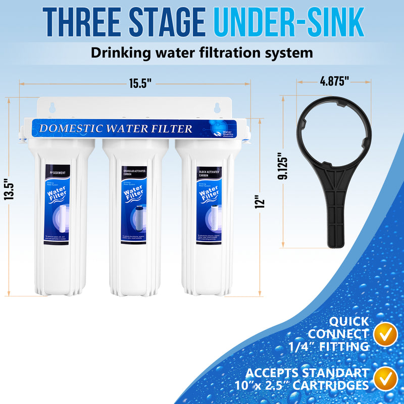 2 Stage Under Sink Drinking Water Filtration System Lead-Free Chrome Faucet Removes Chlorine & Yearly Supply (2 Extra) CTO & (3 Extra) PP Sediment Cartridges 5 Mic, Meets NSF Standards & Regulations