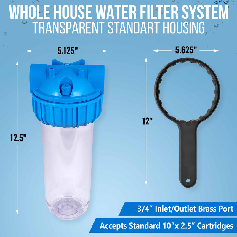 10 Inches Transparent Standard Whole House Water Filter System with Presser Relief Valve, 3/4” Inlet/Outlet Brass Port and Yearly Supply (3) Block Activated Carbon Cartridges 5 Micron